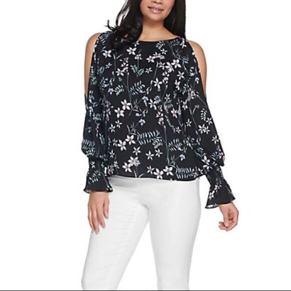 Vince Camuto Flare Cuff Cold Shoulder Floral Blous - Picture 1 of 3